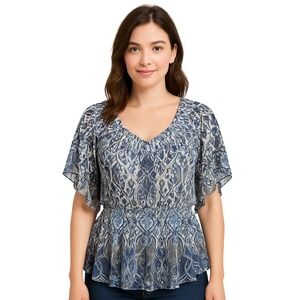 Dressbarn Womens Blouse M Abstract Boho Angel Wing Sleeve V‎ Neck Resort Top